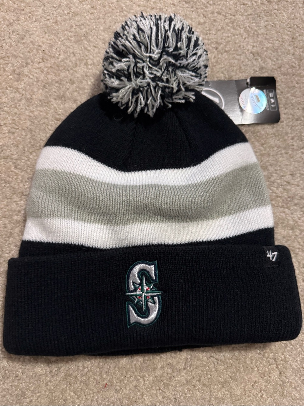 Seattle Mariners 47 Brand Cuffed Knit Pom Beanie Navy Stripe NWT-One Size
